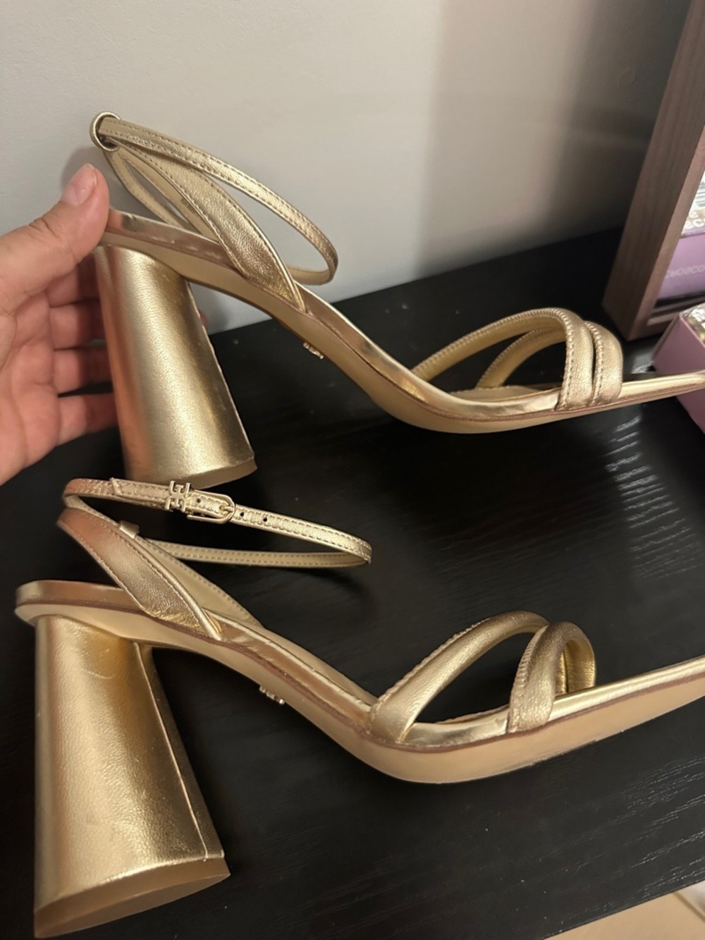 Sam Edelman Kia Metallic Gold Leaf Leather Ankle-Strap Block Heel Sandals - Picture 9 of 14